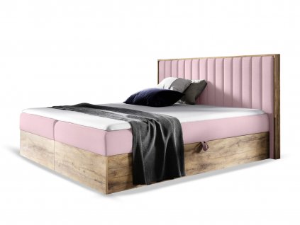 WOOD 4 kárpitozott boxspring franciaágy ágyneműtartóval és matraccal - rózsaszín Kronos