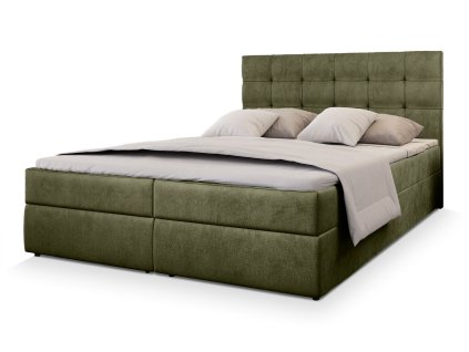 GLOS olivazöld ágyneműtartós boxspring ágy 160x200