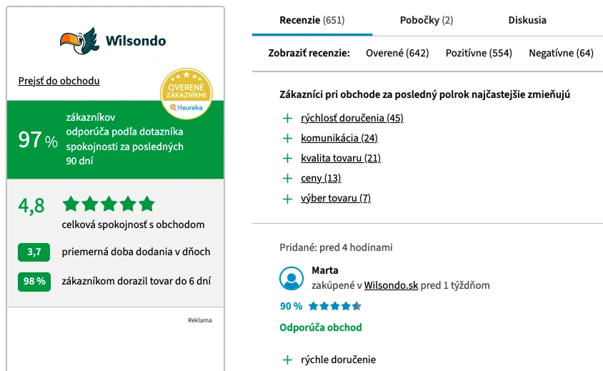 úvodná stránka zákazníckych hodnotení obchodu Wilsondo na protáli heureka.sk. Celková spokojnosť zákazníkov je 4,8 hviezdičky z 5