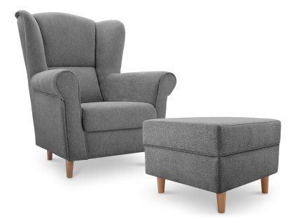 Tmavosivé kreslo ušiak s taburetom Loft