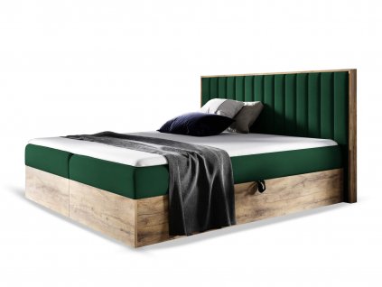 Boxspring manželská posteľ WOOD 4 s úložným priestorom - zelená Kronos