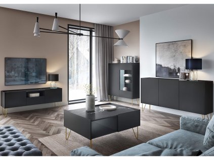 moderná obývačka s čiernou nábytkovou zostavou