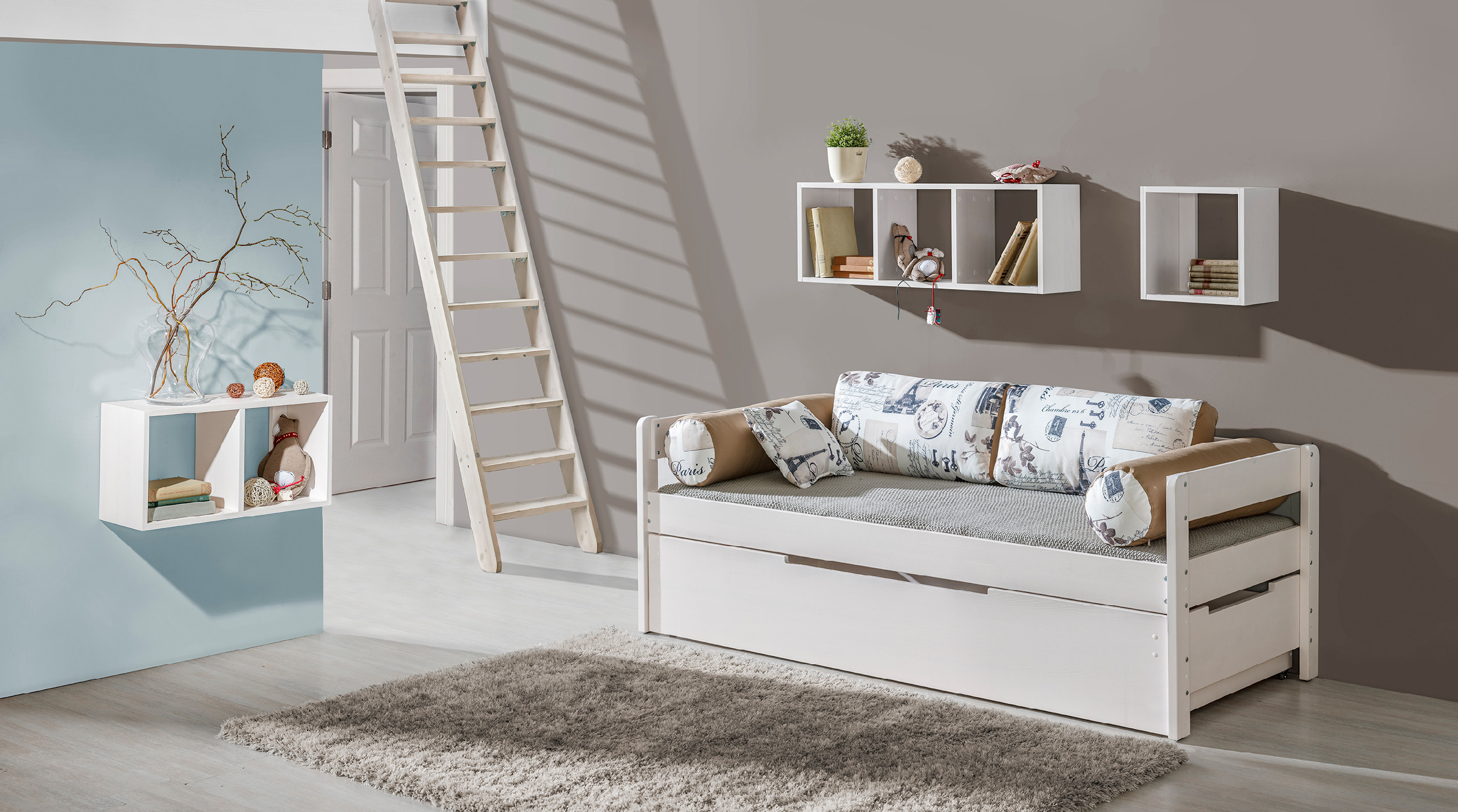 DL Drevená detská posteľ s prístelkou Borys 90x200 cm Farba: Biela, Motív: Paríž