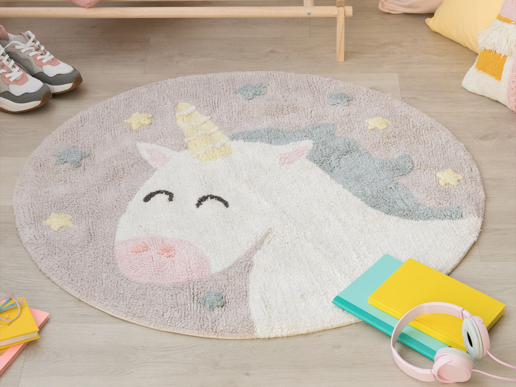 LC Farebný okrúhly koberec do detskej izby Jednorožec 100cm