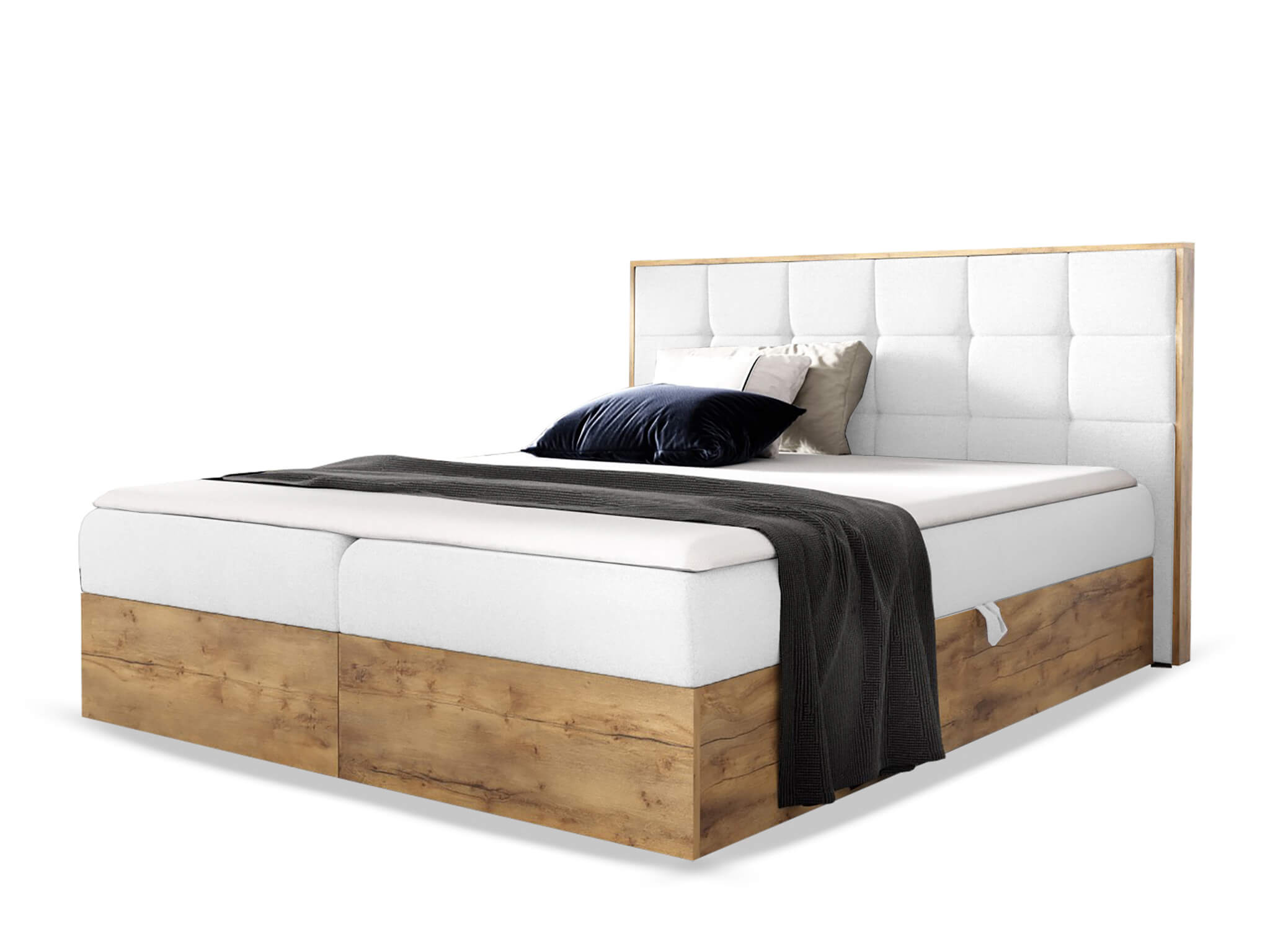 Wilsondo Čalúnená boxspring manželská posteľ WOOD 1 s úložným priestorom - biela Paros Rozmer: 180x200