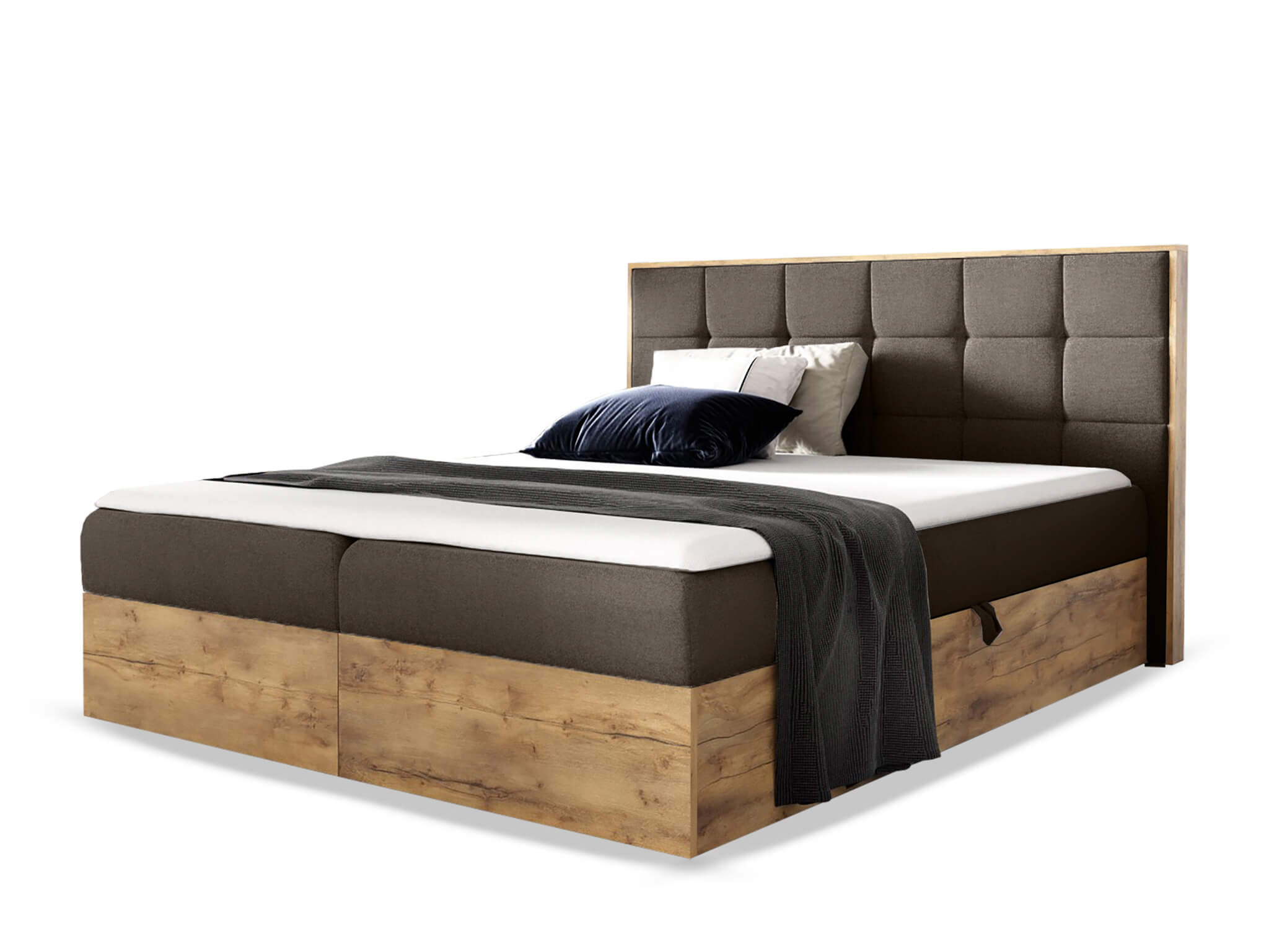 Wilsondo Čalúnená boxspring manželská posteľ WOOD 1 s úložným priestorom - hnedá Paros Rozmer: 140x200