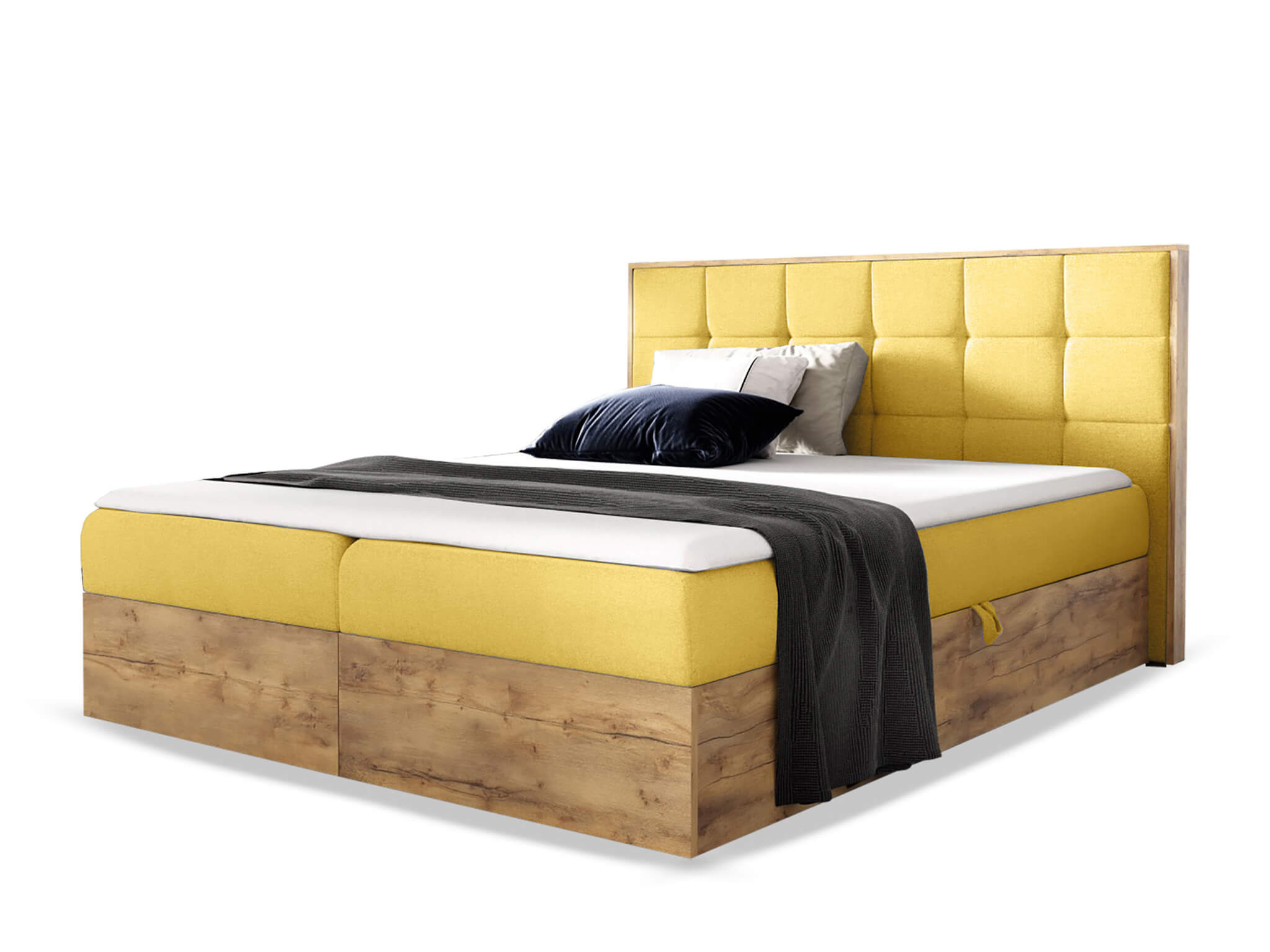 Wilsondo Čalúnená boxspring manželská posteľ WOOD 1 s úložným priestorom - žltá Kronos Rozmer: 140x200