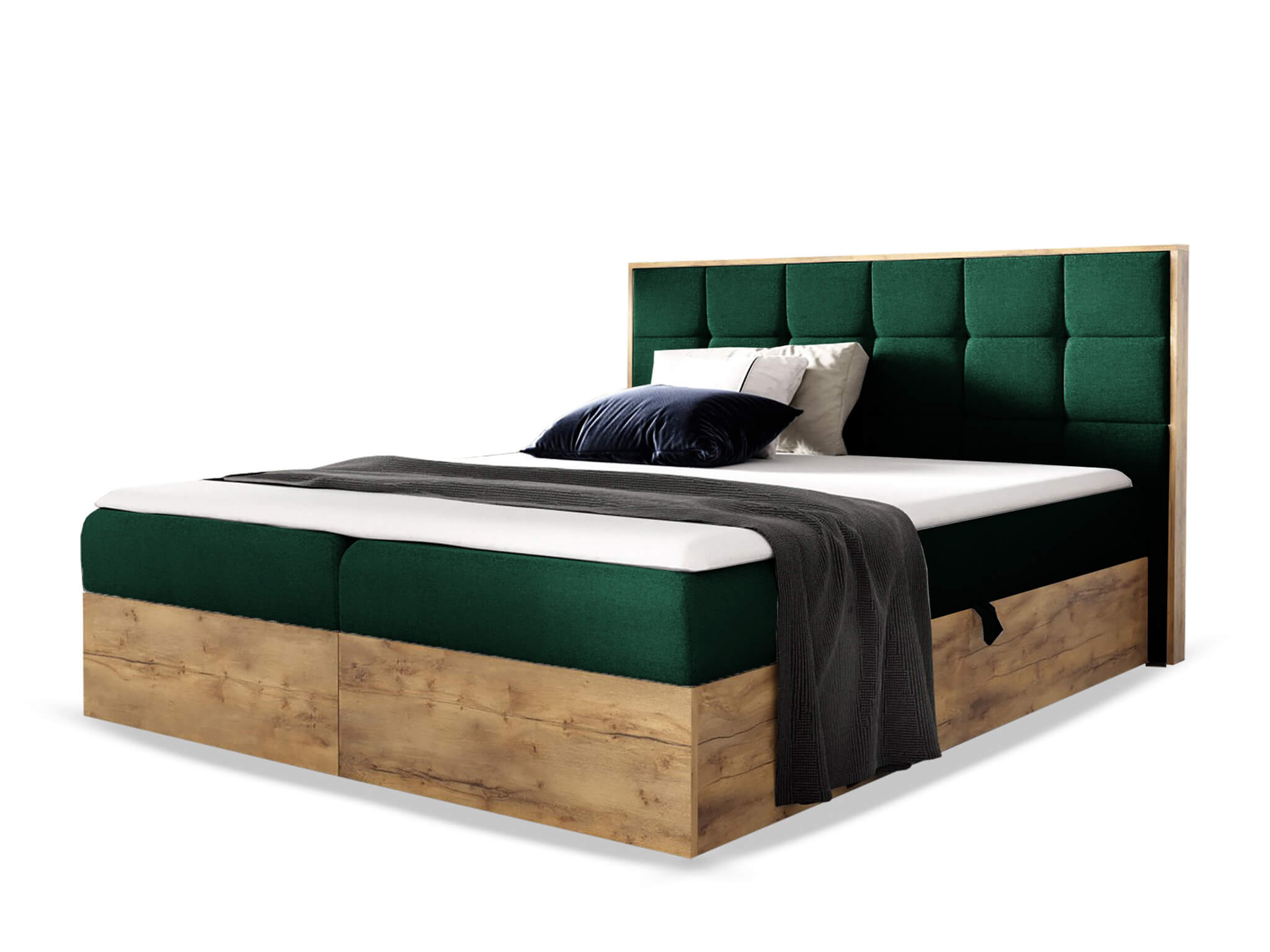 Wilsondo Čalúnená boxspring manželská posteľ WOOD 1 s úložným priestorom - zelená Kronos Rozmer: 140x200