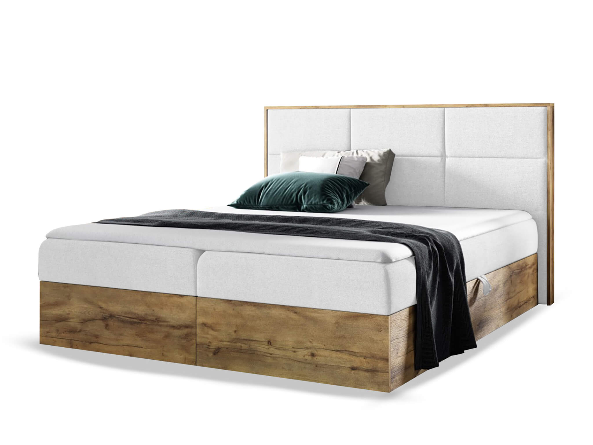 Wilsondo Čalúnená boxspring manželská posteľ WOOD 2 s úložným priestorom - biela Paros Rozmer: 180x200