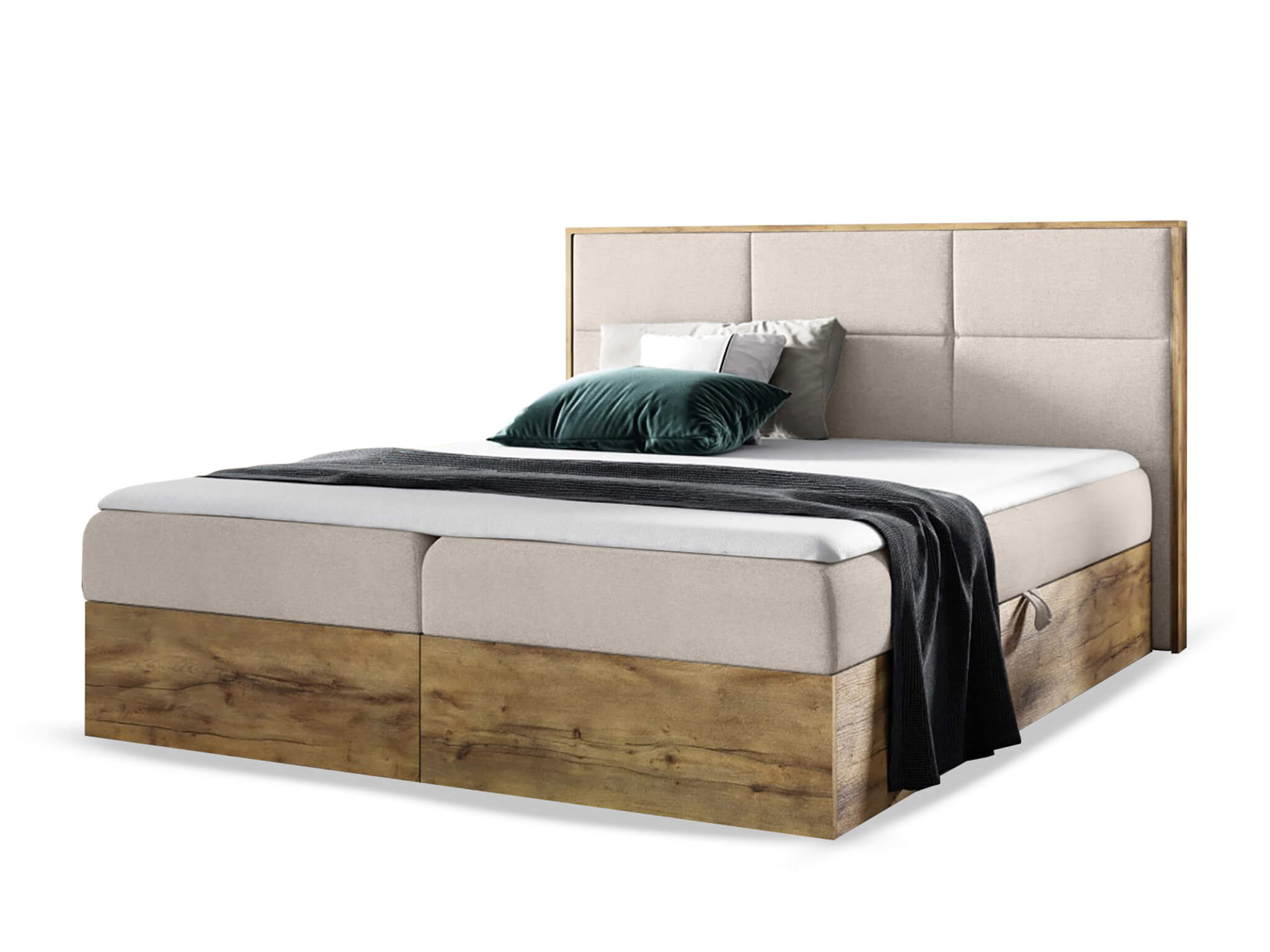 Wilsondo Čalúnená boxspring manželská posteľ WOOD 2 s úložným priestorom - béžová Paros Rozmer: 160x200