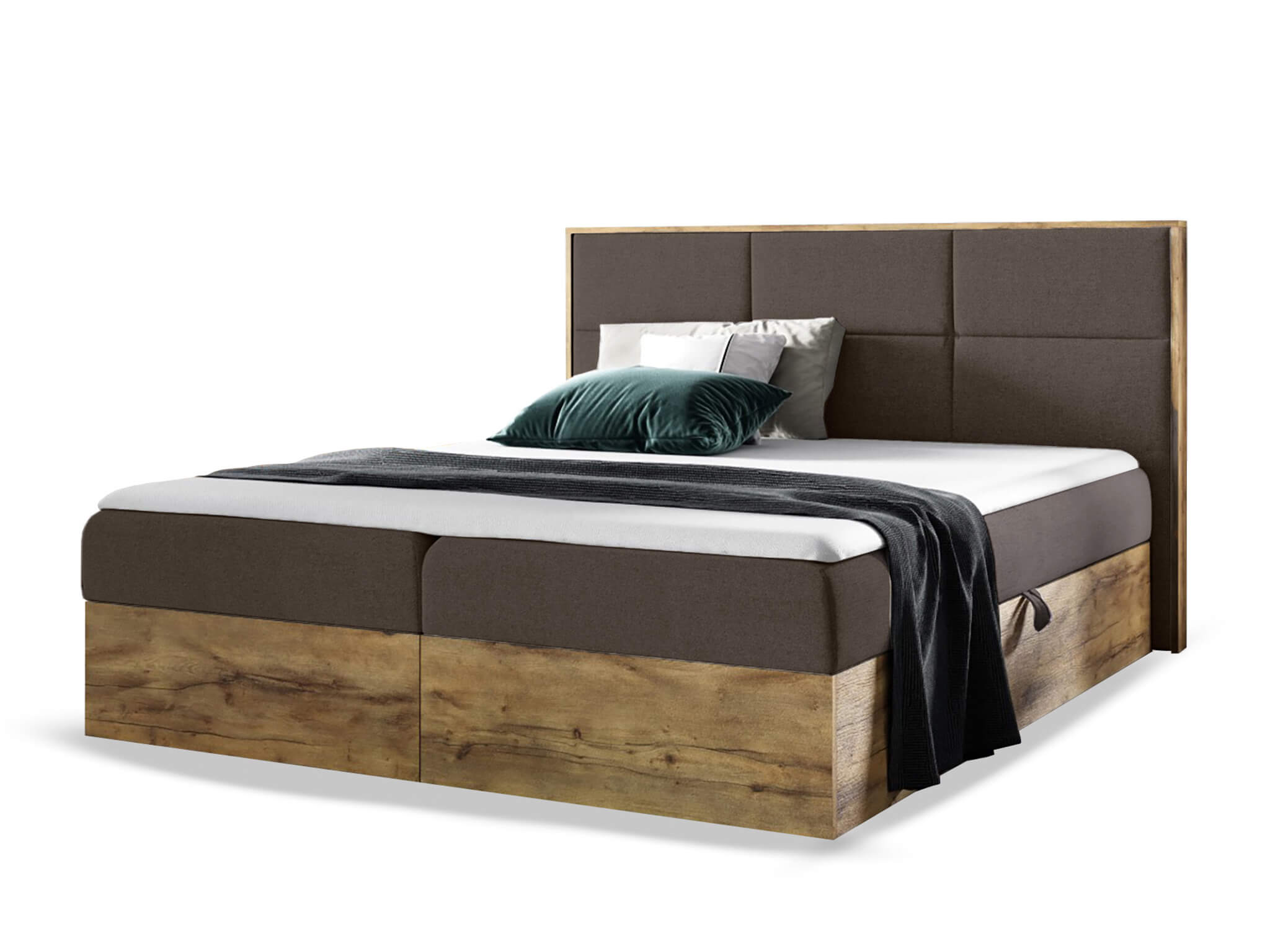Wilsondo Čalúnená boxspring manželská posteľ WOOD 2 s úložným priestorom - hnedá Paros Rozmer: 160x200