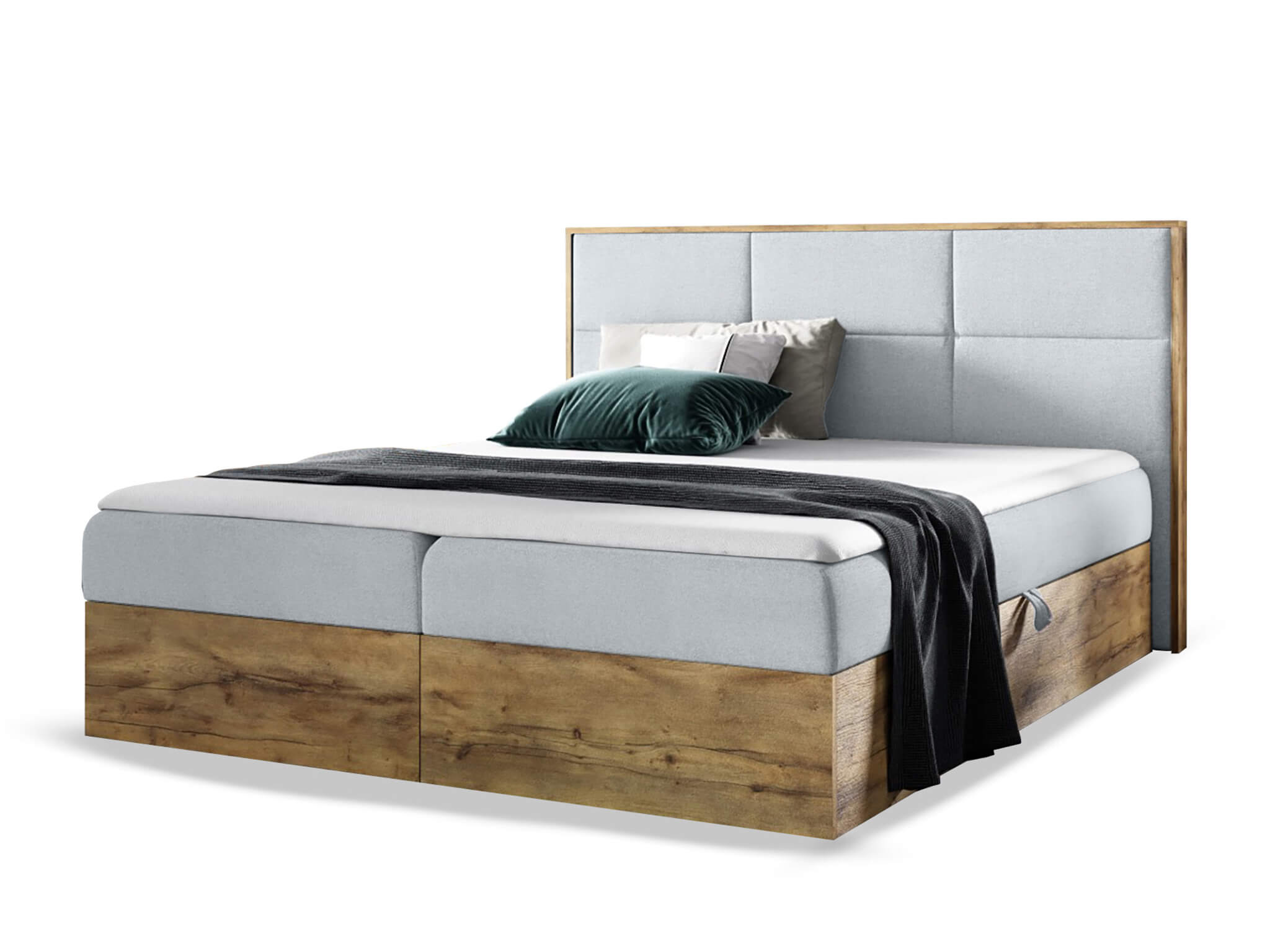 Wilsondo Čalúnená boxspring manželská posteľ WOOD 2 s úložným priestorom - sivá Paros Rozmer: 140x200