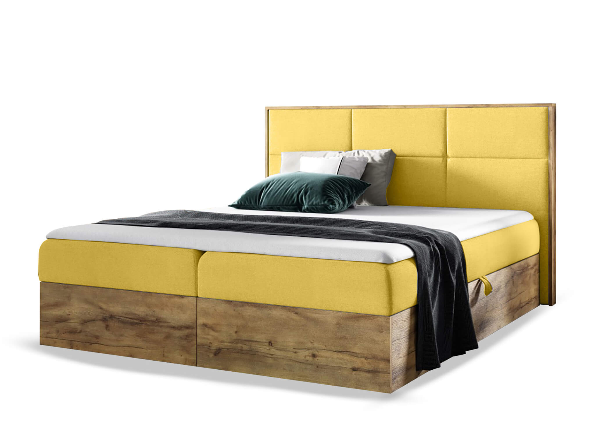 Wilsondo Čalúnená boxspring manželská posteľ WOOD 2 s úložným priestorom - žltá Kronos Rozmer: 140x200