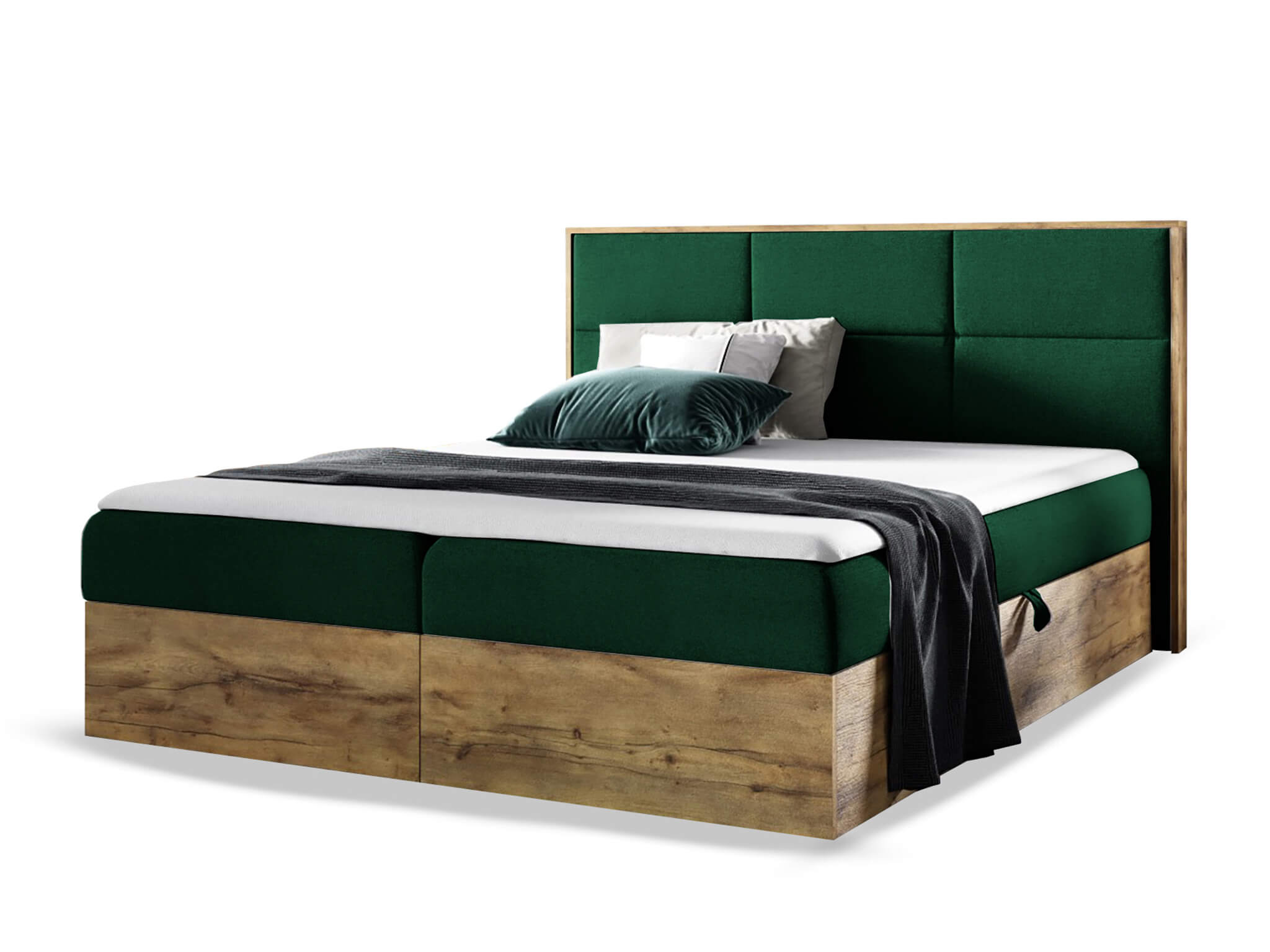 Wilsondo Čalúnená boxspring manželská posteľ WOOD 2 s úložným priestorom - zelená Kronos Rozmer: 140x200