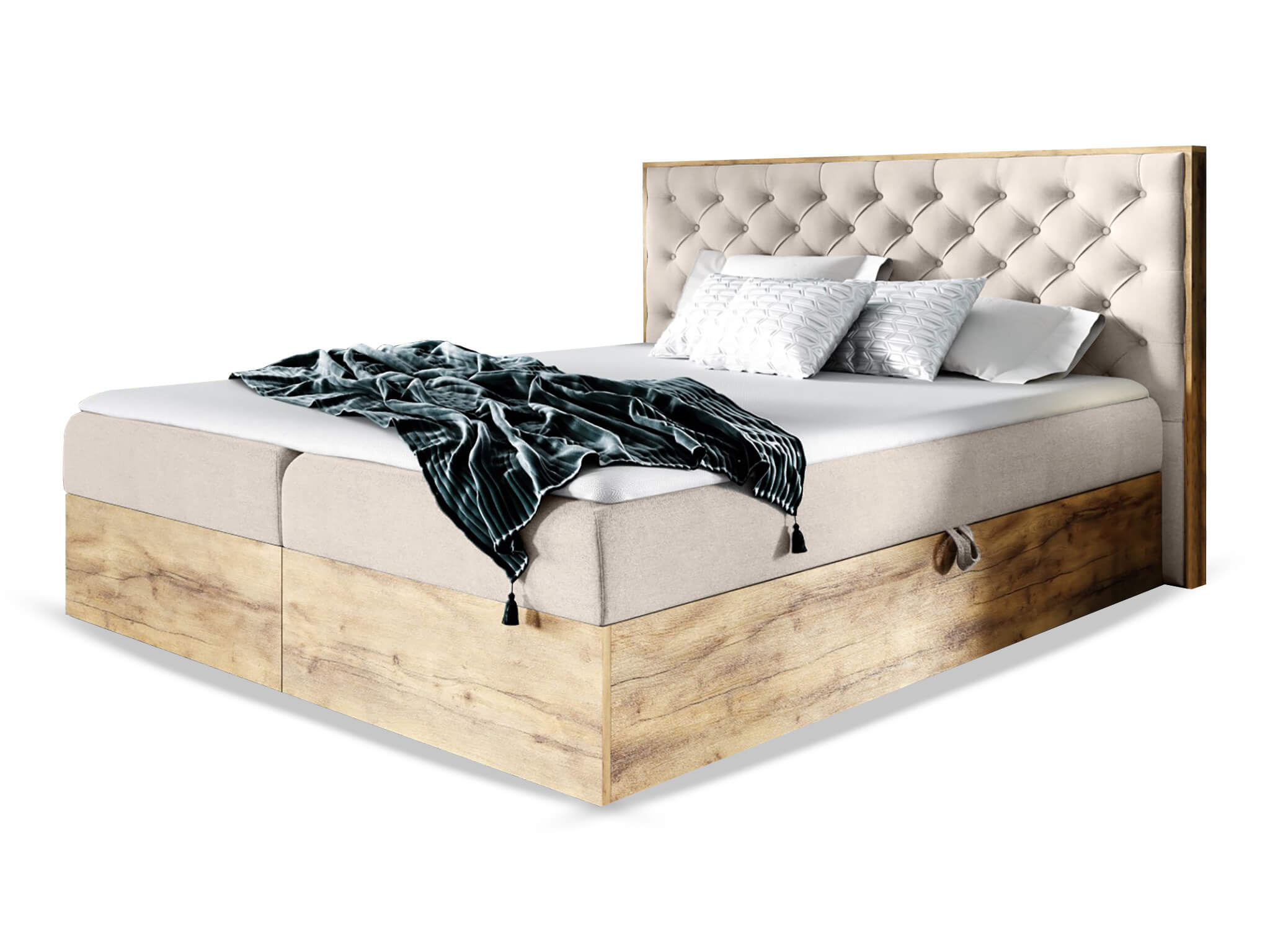 Wilsondo Čalúnená boxspring manželská posteľ WOOD 3 s úložným priestorom - béžová Paros Rozmer: 180x200