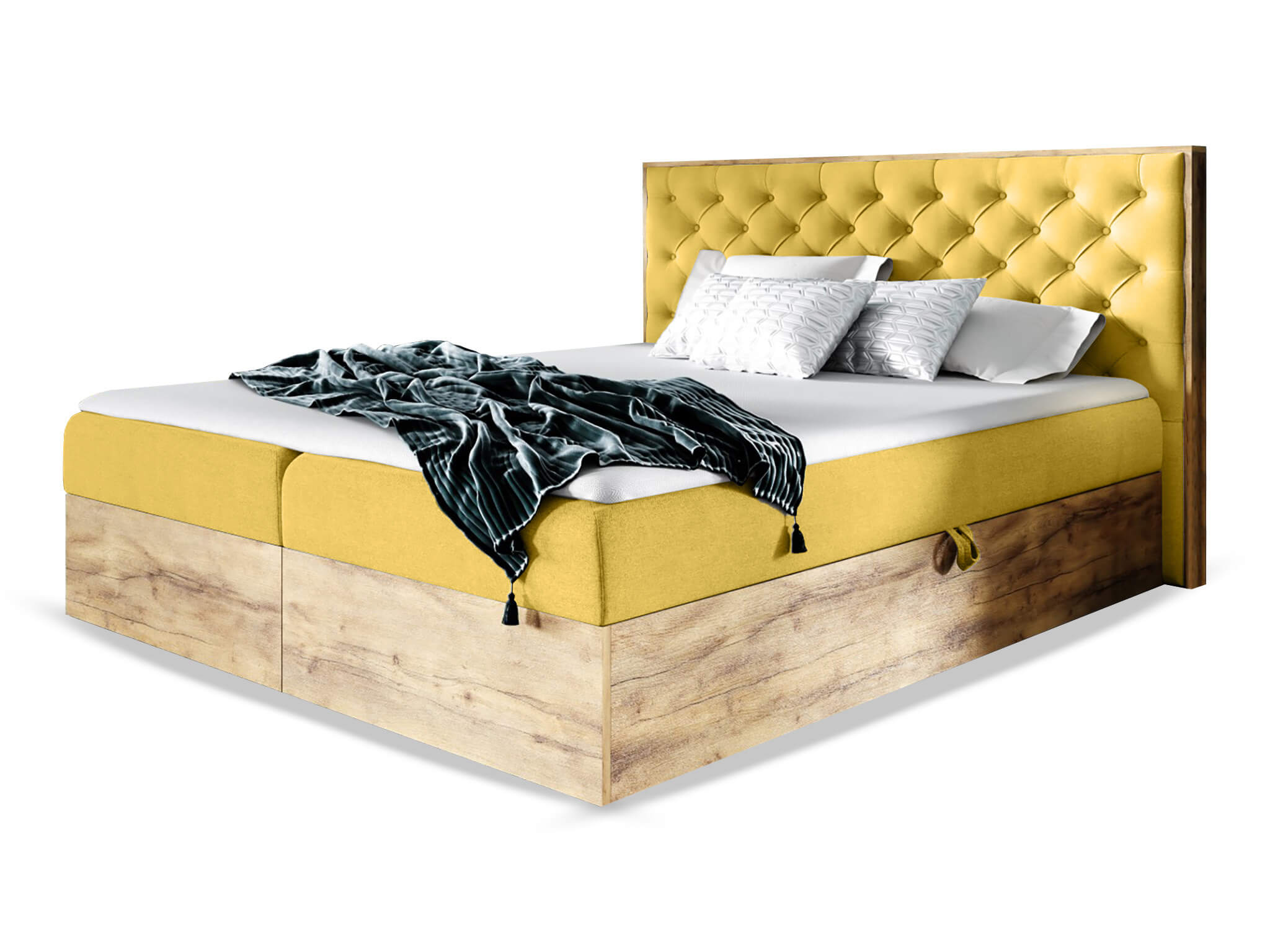 Wilsondo Čalúnená boxspring manželská posteľ WOOD 3 s úložným priestorom - žltá Kronos Rozmer: 140x200