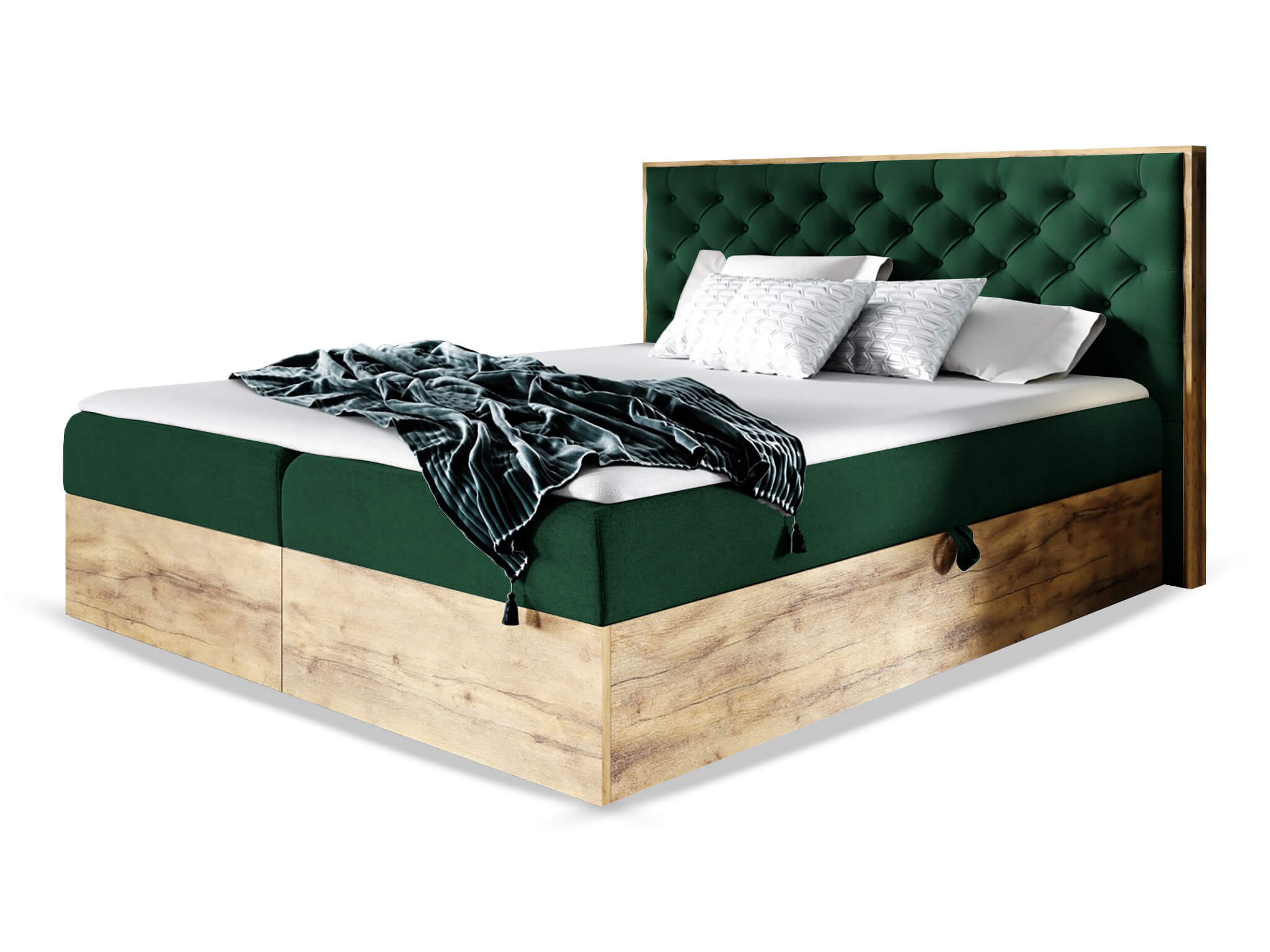 Wilsondo Čalúnená boxspring manželská posteľ WOOD 3 s úložným priestorom - zelená Kronos Rozmer: 140x200