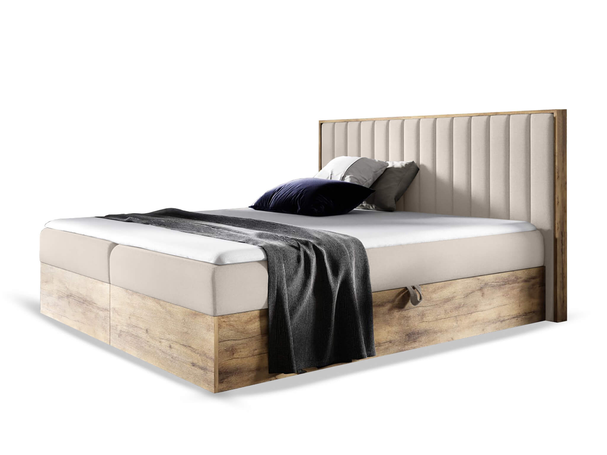 Wilsondo Čalúnená boxspring manželská posteľ WOOD 4 s úložným priestorom - béžová Paros Rozmer: 140x200