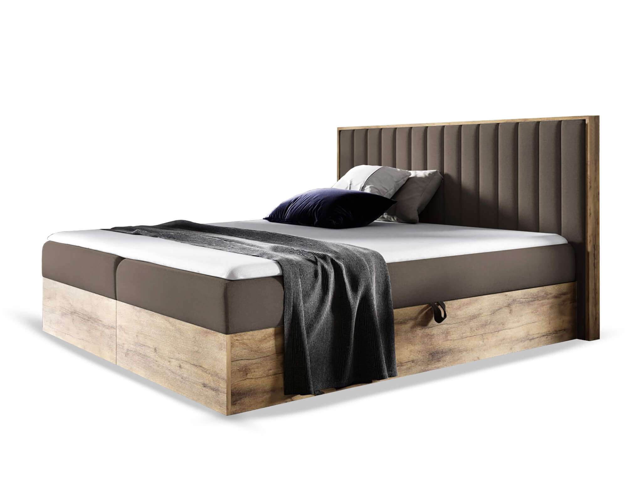 Wilsondo Čalúnená boxspring manželská posteľ WOOD 4 s úložným priestorom - hnedá Paros Rozmer: 180x200