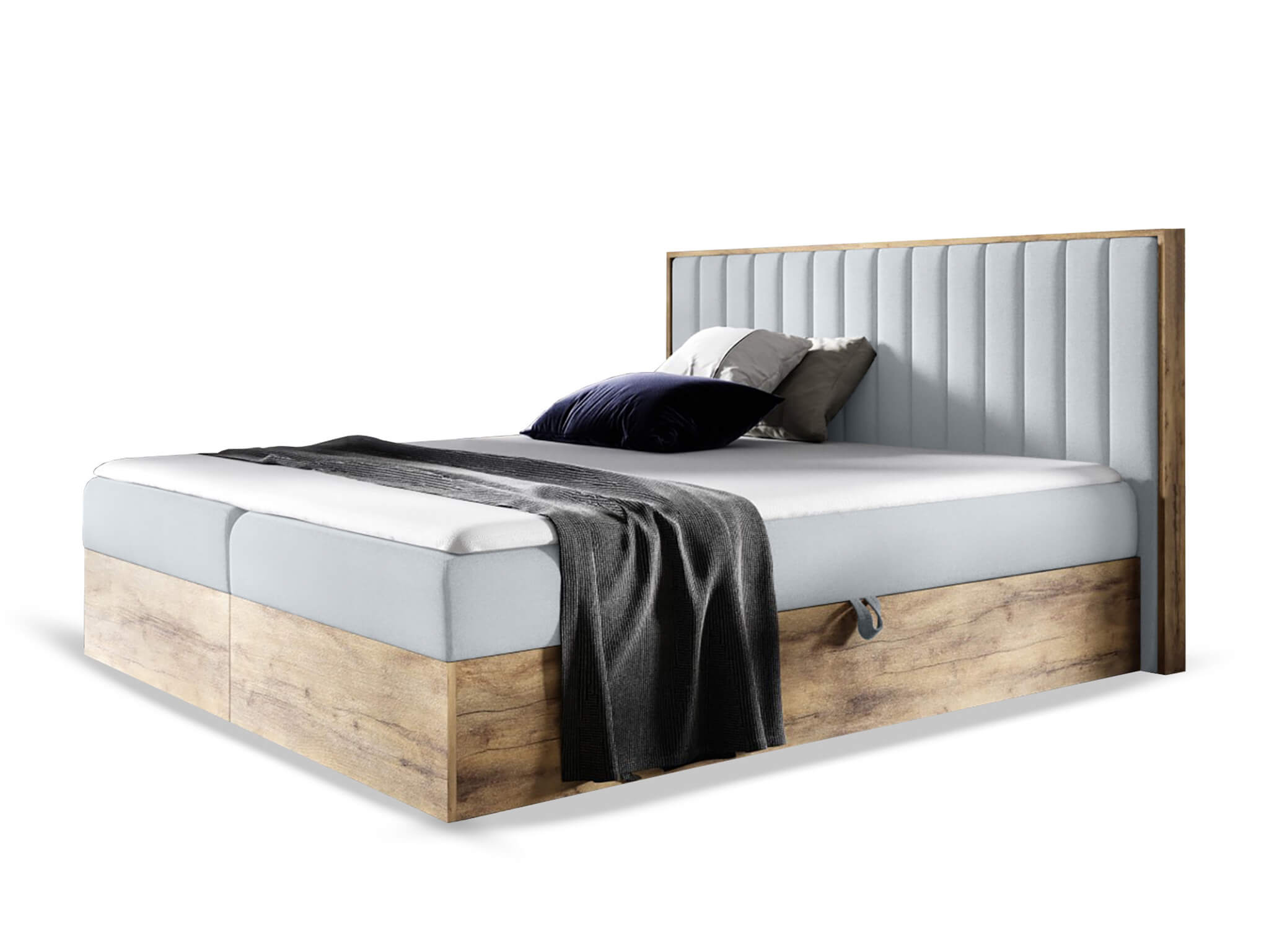 Wilsondo Čalúnená boxspring manželská posteľ WOOD 4 s úložným priestorom - sivá Paros Rozmer: 140x200