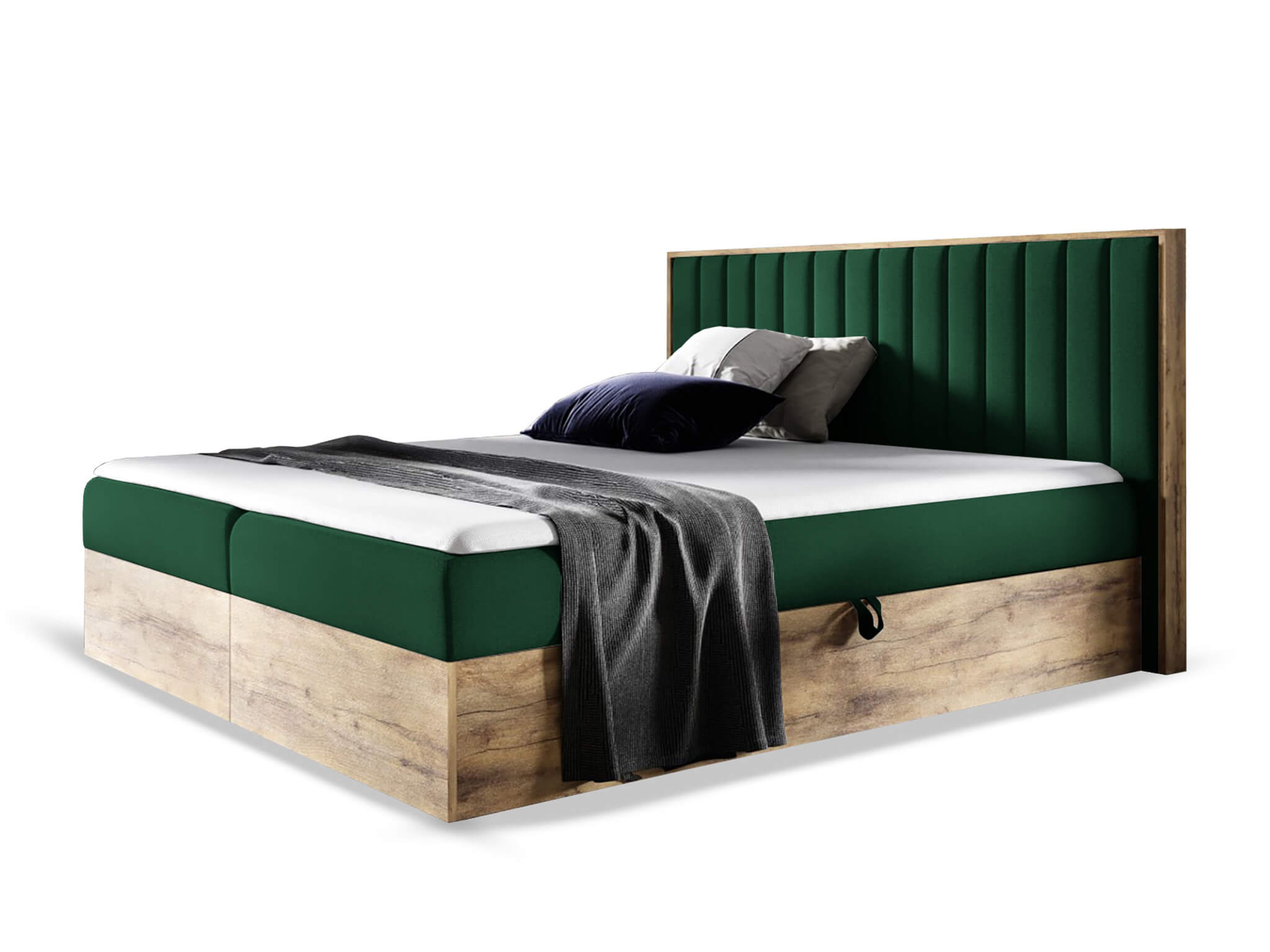 Wilsondo Čalúnená boxspring manželská posteľ WOOD 4 s úložným priestorom - zelená Kronos Rozmer: 140x200