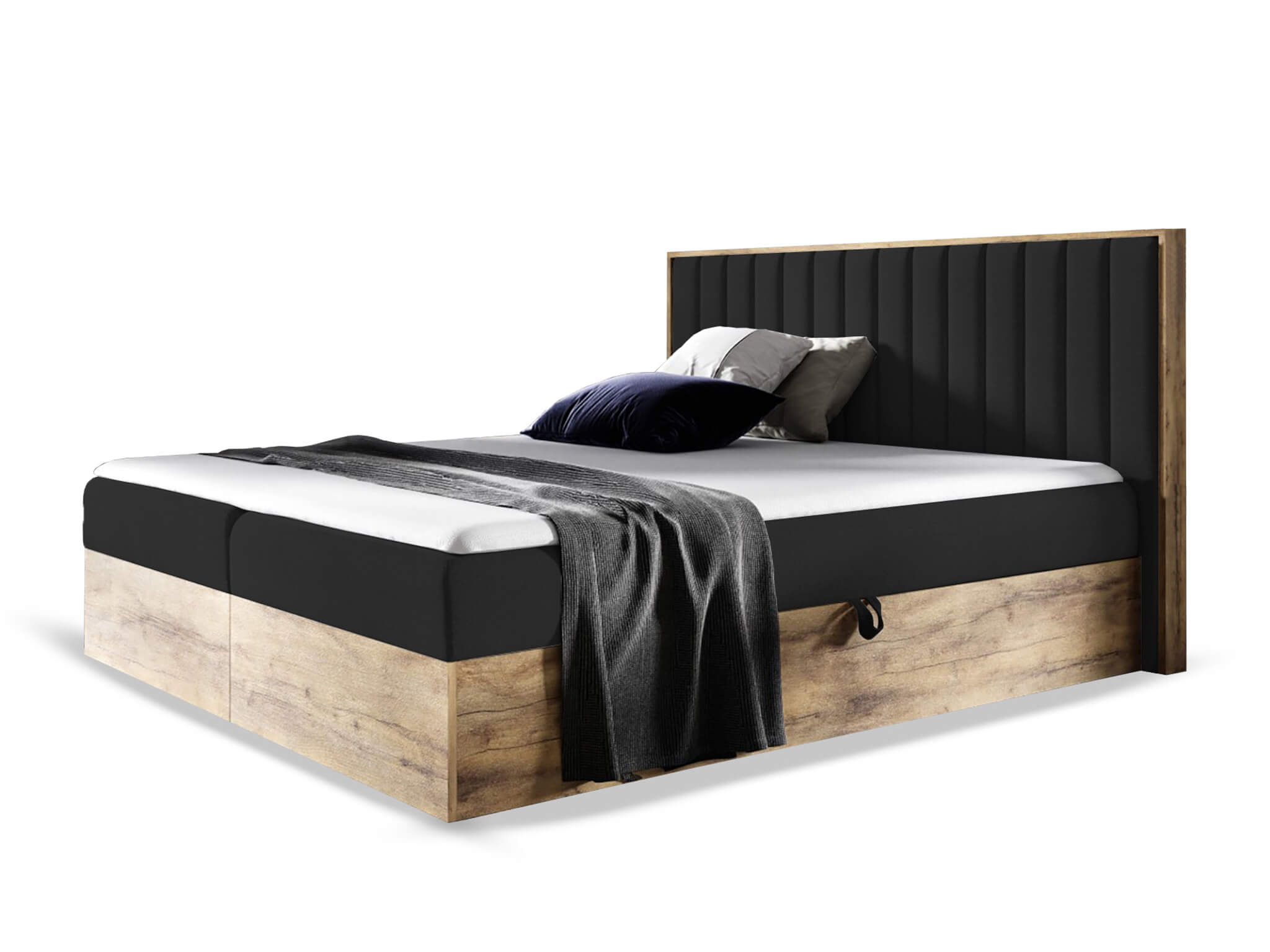 Wilsondo Čalúnená boxspring manželská posteľ WOOD 4 s úložným priestorom - čierna Kronos Rozmer: 140x200