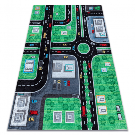 DW Zeleno-čierny protišmykový detský koberec Fancy City Rozmer: 80x150 cm