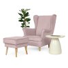 Svetloružové kreslo ušiak s taburetom Dory s doplnkami
