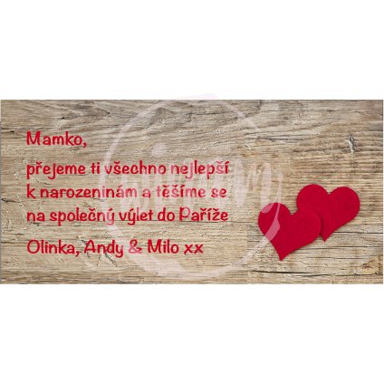 Dárková kartička srdíčka na dřevě