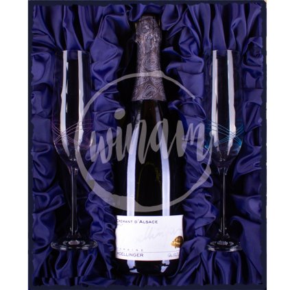 Moellinger suchý bílý Crémant z Alsaska s dvojící skleniček v dárkovém balení