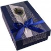 Dárková krabice 3D modrá s modrou stuhou a pavím peřím