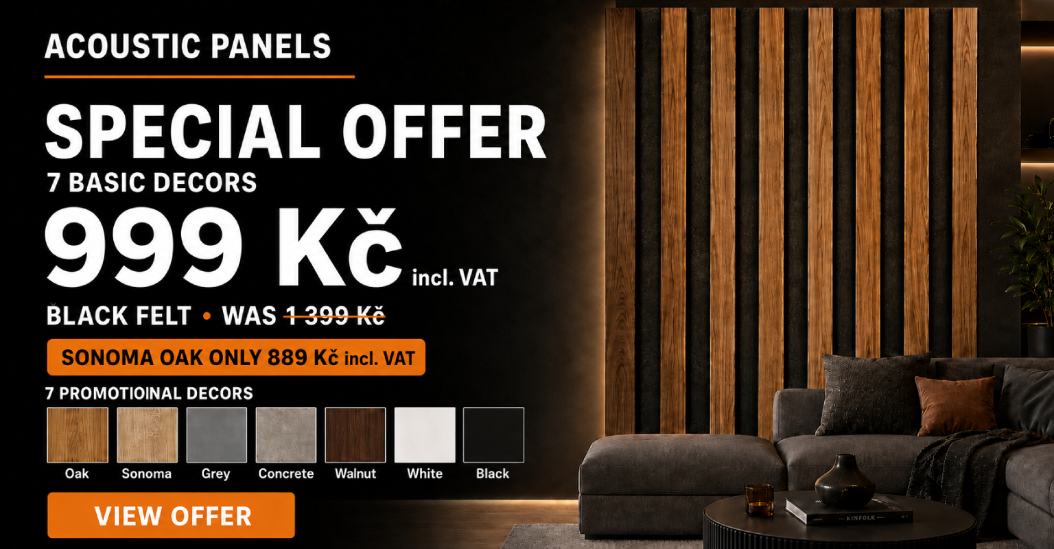 Acoustic panels on black felt in 7 basic decors at a special price of 999 Kč incl. VAT, Sonoma Oak only 889 Kč incl. VAT.