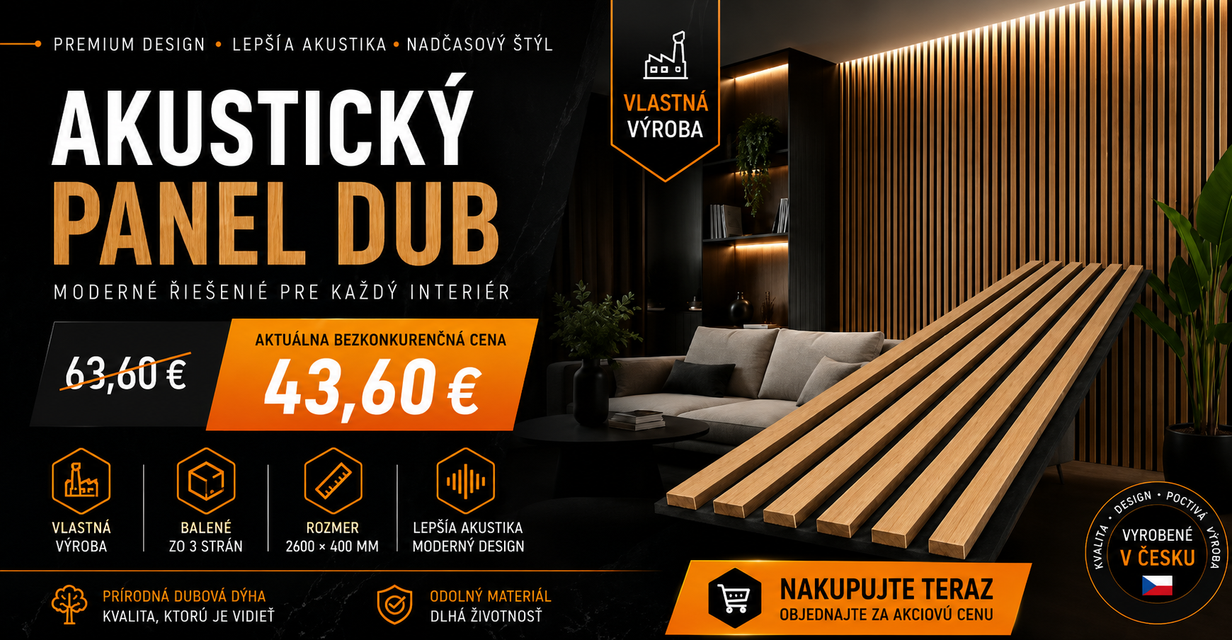 Akustický panel Dub – drevený obkladový panel na zlepšenie akustiky a moderný dizajn interiéru.