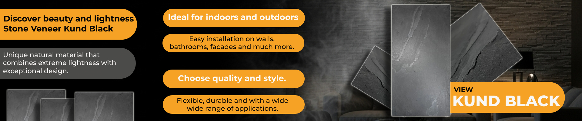 Detailní záběr na kamennou dýhu Kund Black, vyrobenou z přírodní břidlice, ukazující její jedinečnou texturu a elegantní černé odstíny