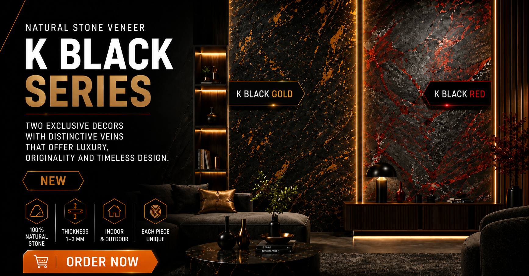 K Black Series stone veneer – premium natural stone cladding in K Black Gold and K Black Red for modern interiors and exteriors.
