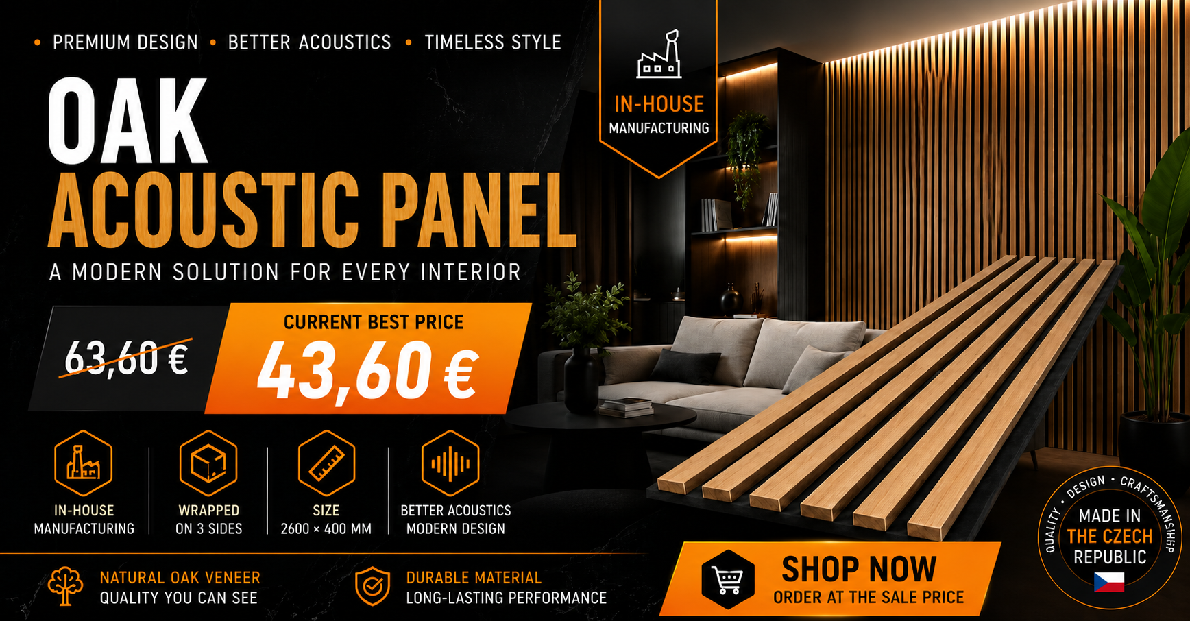 Oak acoustic panel – wooden wall panel for improved room acoustics and modern interior design.