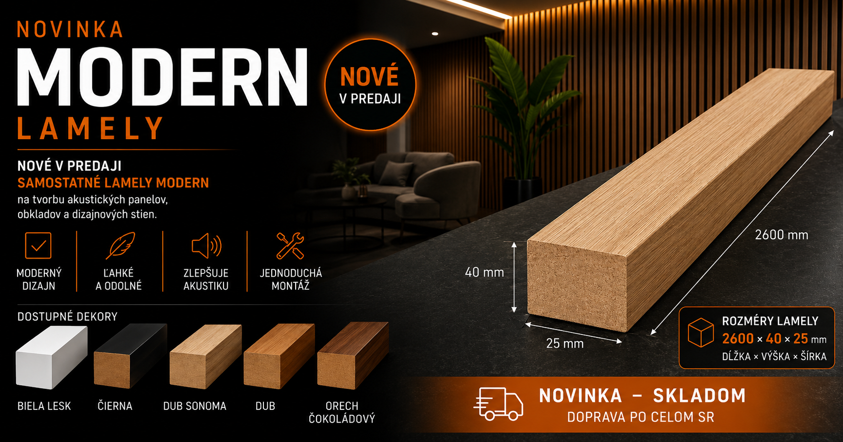 Nástenné lamely MODERN – samostatné MDF lamely na výrobu akustických panelov a moderných interiérov.
