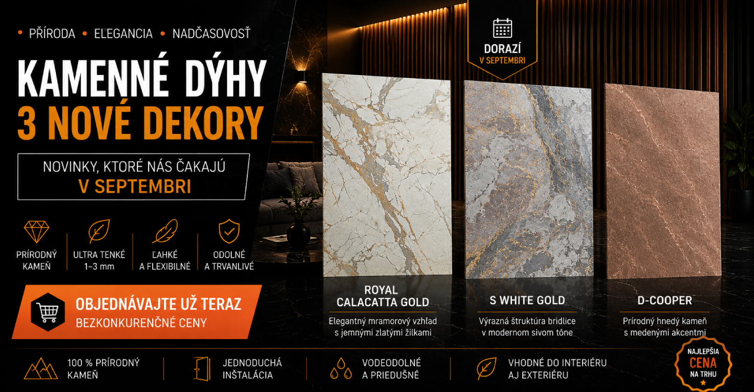Kamenné dyhy – 3 nové dekory Royal Calacatta Gold, S White Gold a D-Cooper. Prírodné kamenné obklady pre moderný interiér aj exteriér.