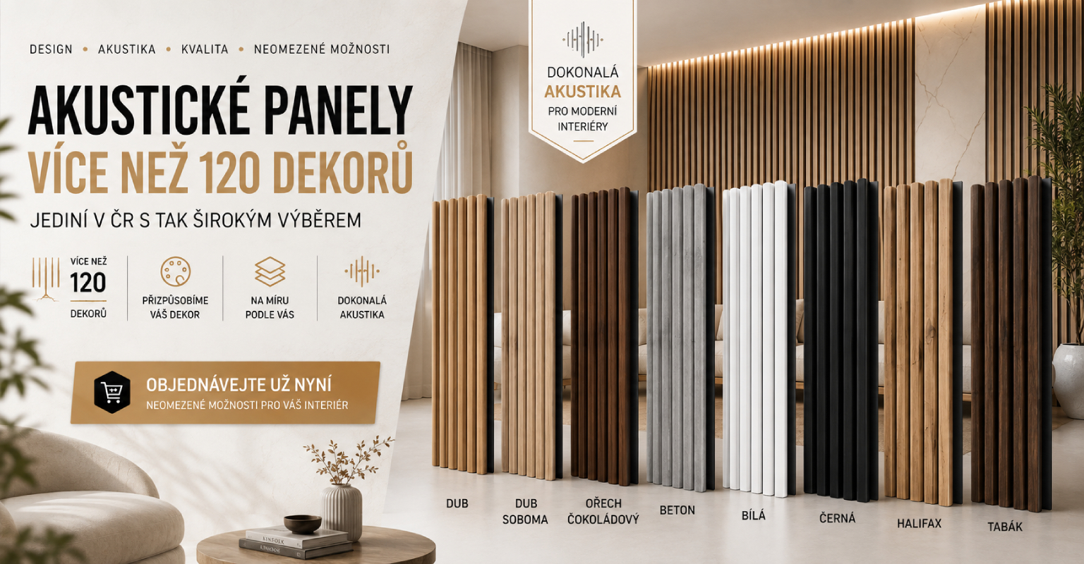 Akustické panely WINDU – více než 120 dekorů na černém, šedém a bílém filcu nebo HDF desce. Designové lamelové panely na míru pro moderní interiéry.
