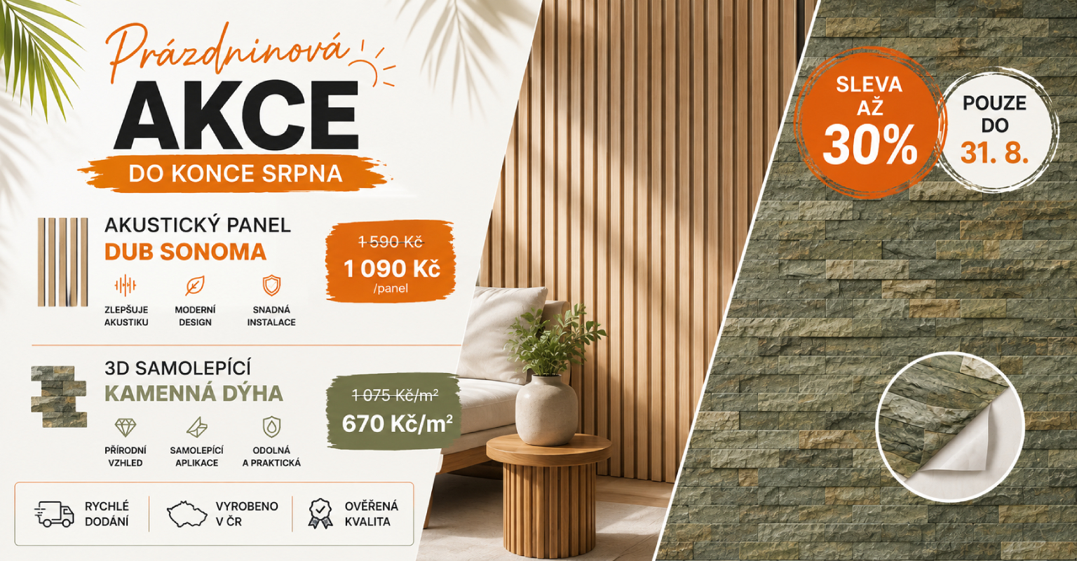 Prázdninová akce WINDU – Akustický panel Dub Sonoma a 3D samolepicí kamenná dýha se slevou až 30 %. Akce platí do 31. srpna. Vyrobeno v ČR.