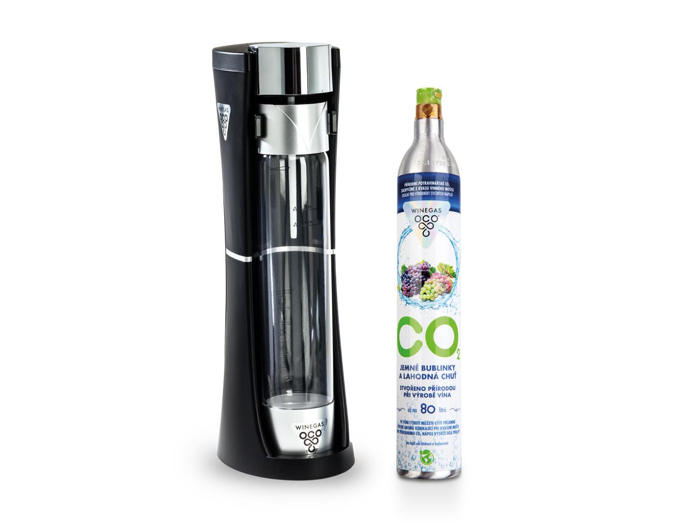 SANELI Výhodný WineGAS SET (Výrobník perlivých nápojů WINEGAS Slim Black + Bombička plněná 425g přírodního CO2 WineGAS až na 80l perlivého nápoje