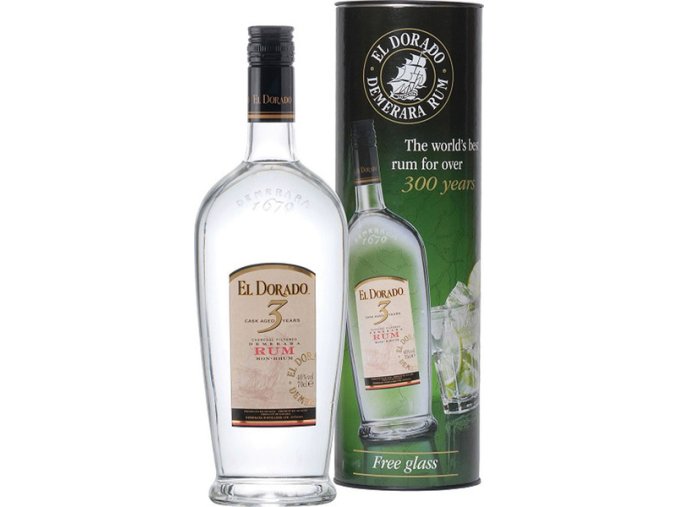 El Dorado Rum 3 YO White, dárkové balení se skleničkou, 0,7l