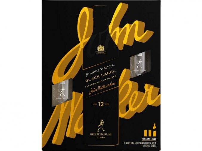 Johnnie Walker Black Label 12 YO + 2 skleničky, Gift Box, 40%, 0,7l