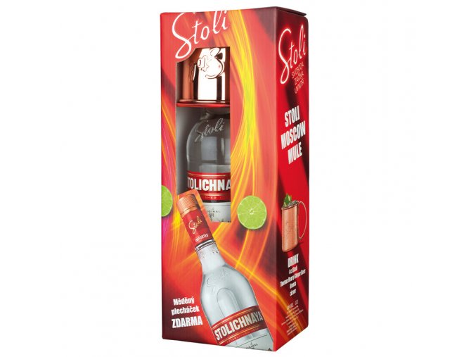 Stolichnaya Original Vodka v dárkovém balení s plecháčkem, 40%, 0,7l