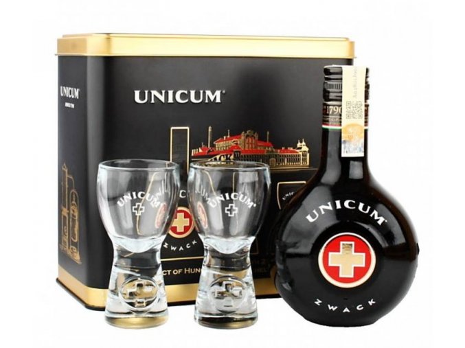 Zwack Unicum + 2 sklenice v plechovém boxu, 40%, 0,5l