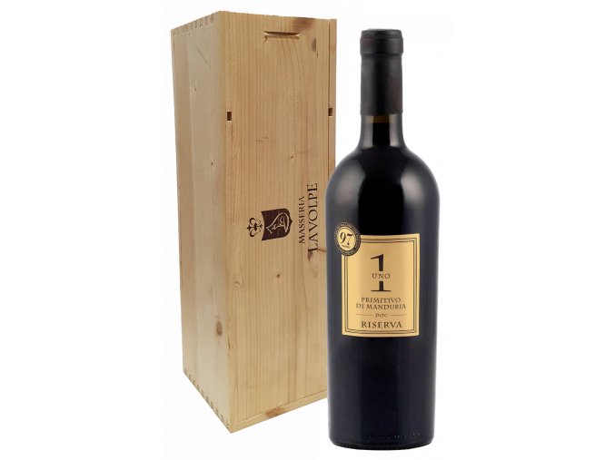 89707 masseria la volpe primitivo di manduria 2017 doc uno riserva 1 5l drevena kazeta