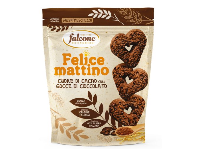 Sušenky Felice mattino, srdíčka kakaové s kousky čokolády, Falcone, 500g