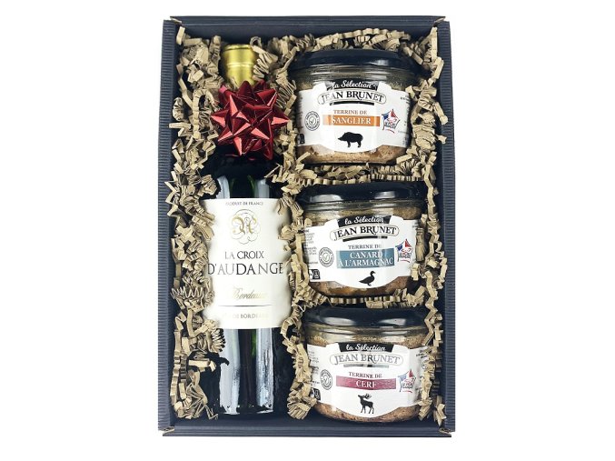 GOURMET PARTNERS Jean Brunet Dárkový koš "Myslivecký Deluxe" s červeným vínem 0,375l