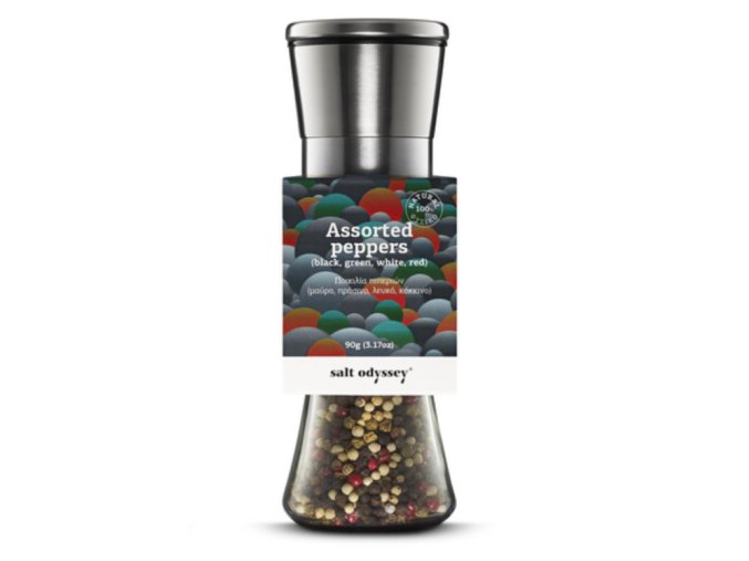 SALT ODYSSEY Keramický mlýnek se 4 PEPŘŮ MIX ( Černý, Zelený, Bílý a Červený), 80g