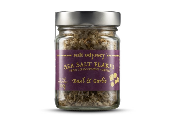 SALT ODYSSEY Mořská sůl ve vločkách  "BAZALKA a ČESNEK", sklo 100g
